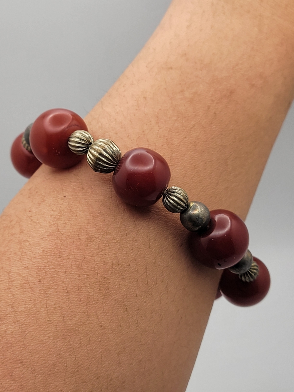 Vintage Copal Resin Round Bead Bracelet Silver Ribbed Spacers S-Hook Clasp